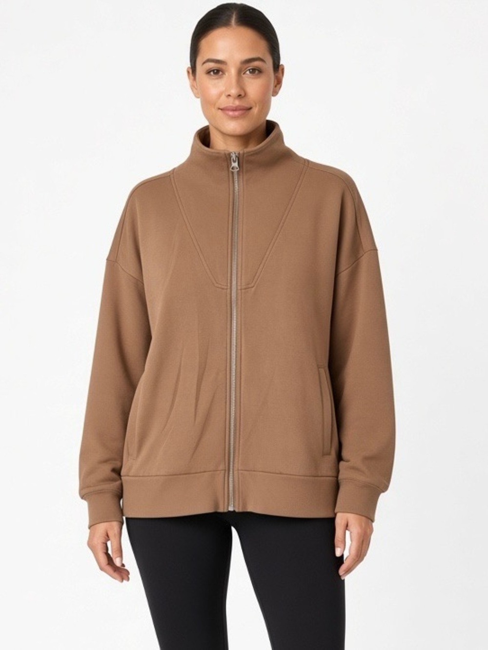 Varley Taupe Zip-Front Bomber Jacket